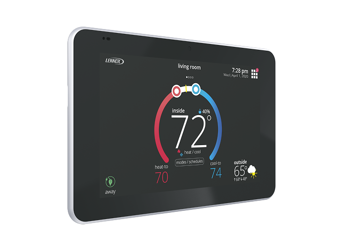 iComfort smart thermostat with touchscreen display showing temperature settings
