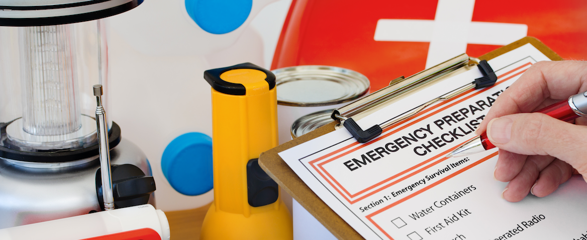 A detailed emergency checklist including items like first aid kit, flashlight, batteries, and emergency contact numbers.